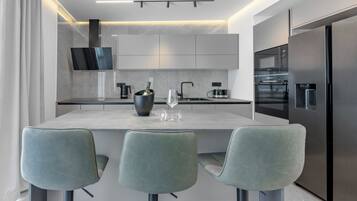 Apartment (A1) | Private kitchen | Fridge, microwave, oven, stovetop