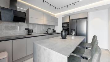 Apartment (A1) | Private kitchen | Fridge, microwave, oven, stovetop