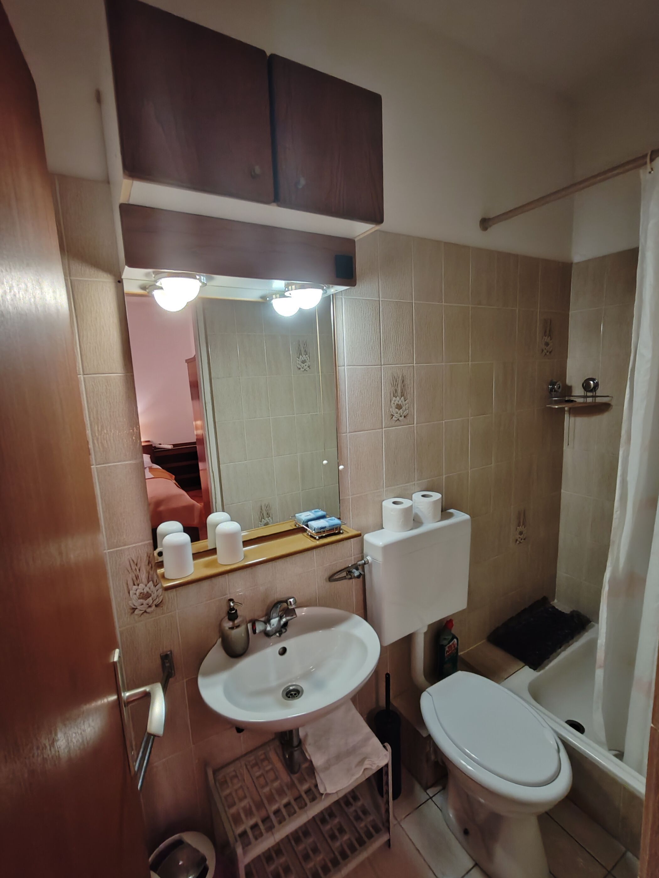 A bathroom with a sink, toilet, and shower. There is a mirror above the sink, and a towel rack is visible.