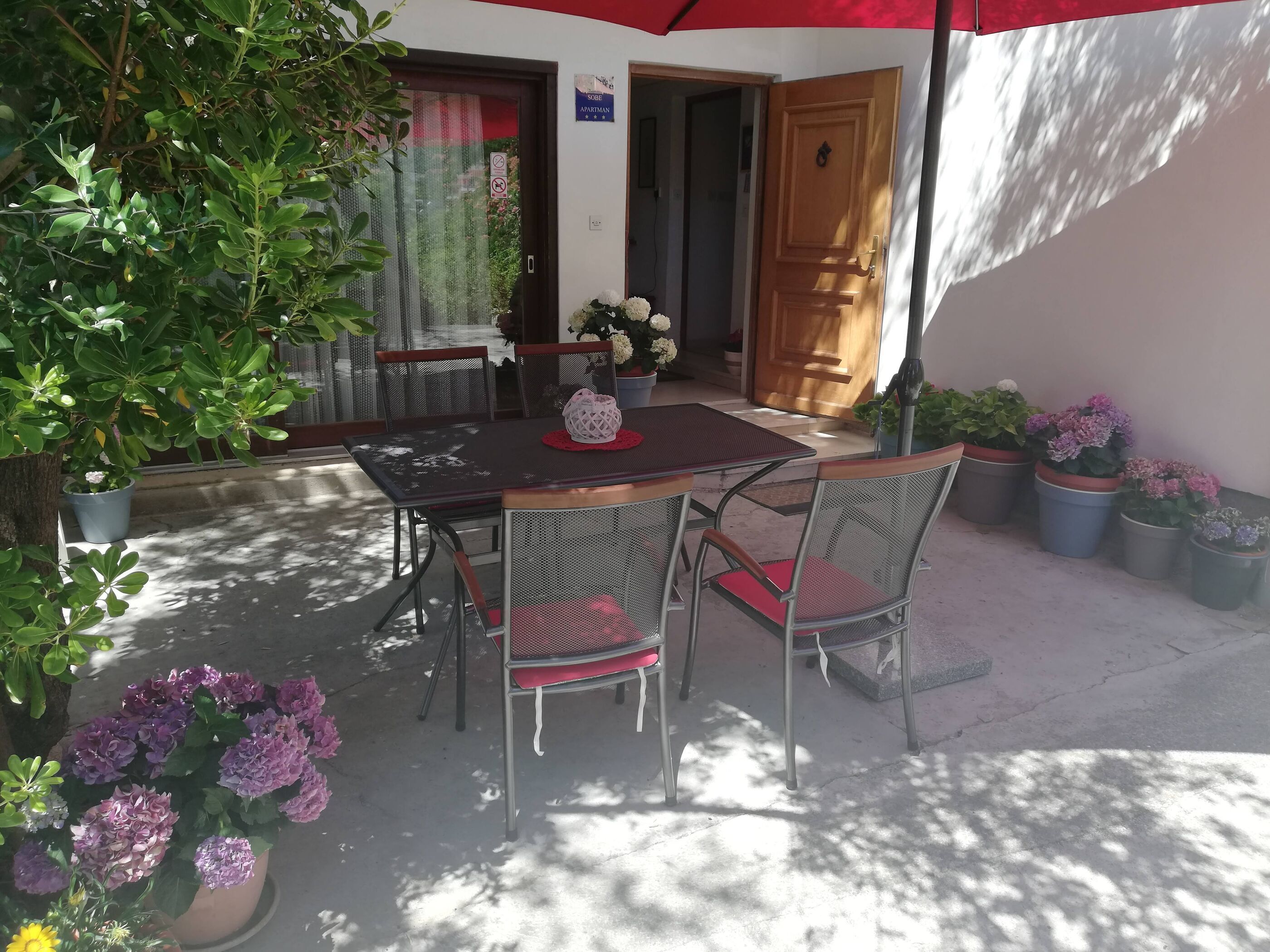 Un espace extérieur aménagé en patio, avec une table et des chaises, entouré de plantes et de fleurs en pot.