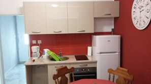 Apartment (A1) | Private kitchen | Fridge, microwave, oven, stovetop