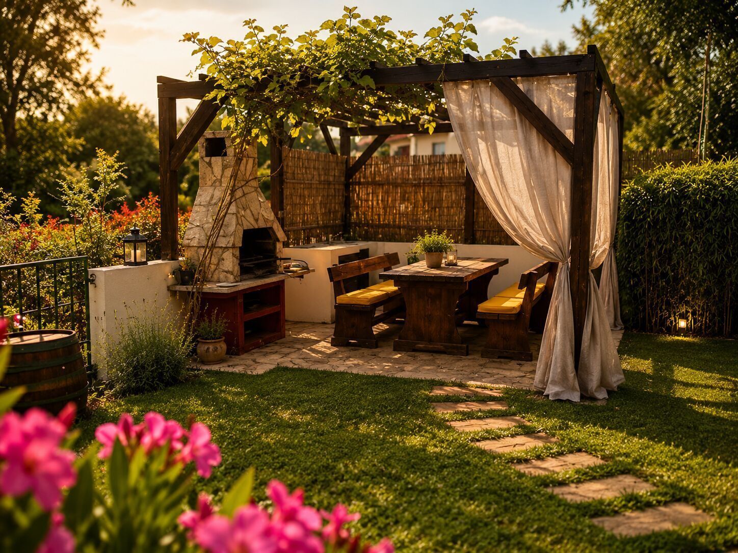 An outdoor patio with a stone fireplace, wooden furniture, and a pergola with white curtains.