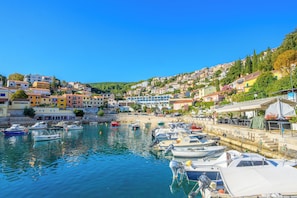 A coastal town with a marina filled with boats, colorful buildings, and a hillside with residential structures. - Apartment Rajan (Labin)