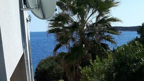 A narrow concrete pathway leading to a stone wall, with a satellite dish on a building to the left and a view of the sea in the background. - Apartments Ruzica (Vis)