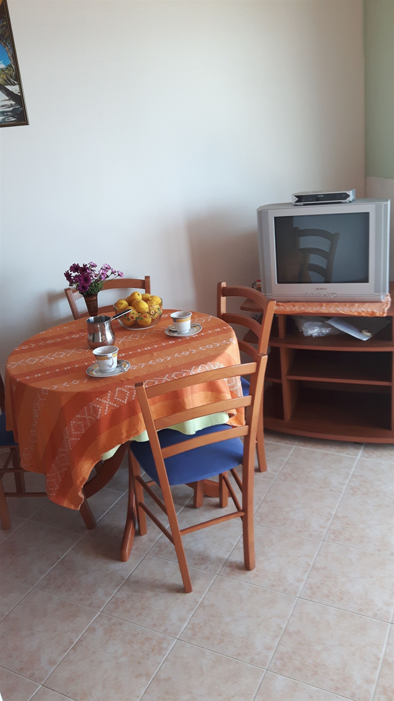 Un'area pranzo con un tavolo rotondo ricoperto da una tovaglia arancione, due sedie, una piccola pianta in vaso, una ciotola di frutta e un televisore su un mobile.
