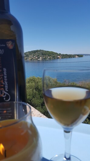 A bottle of wine and a glass of wine with a scenic view of a lake and a distant shoreline. - Apartment Ana (Kali)