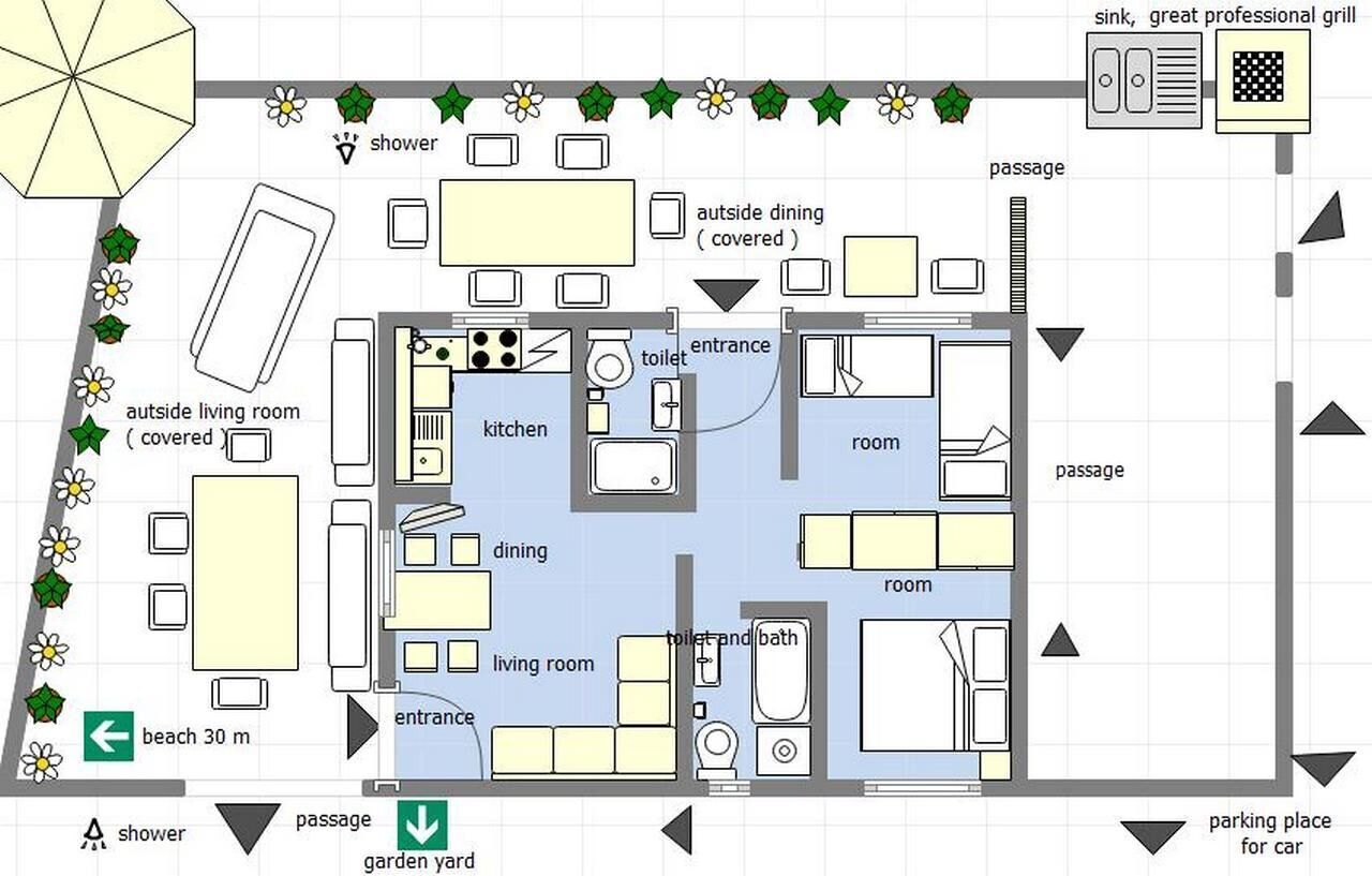 Ein Hotelgrundriss mit Küche, Essbereich, Wohnzimmer, Bad und einer überdachten Essveranda.