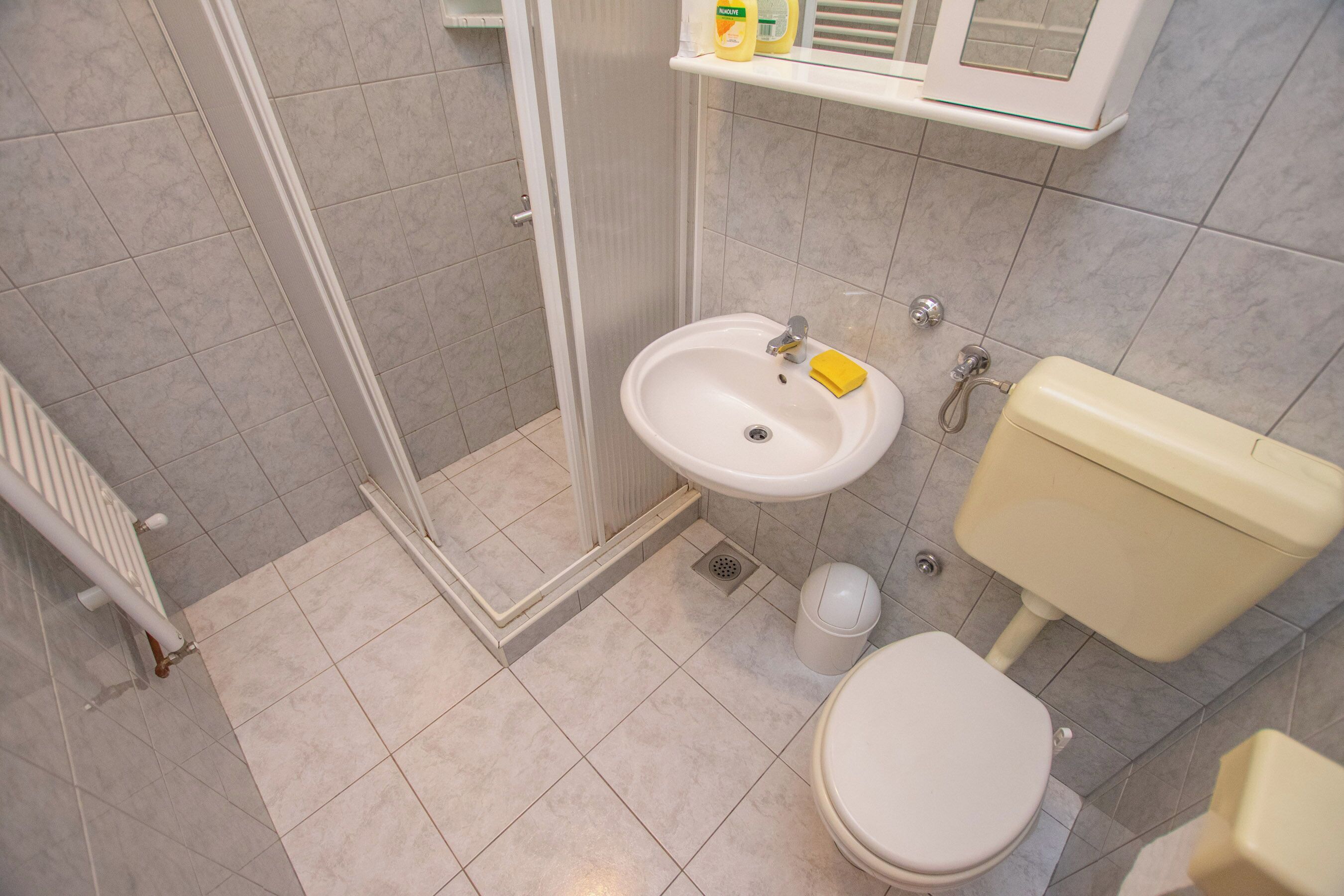 Une salle de bain avec des toilettes, un lavabo et une douche.