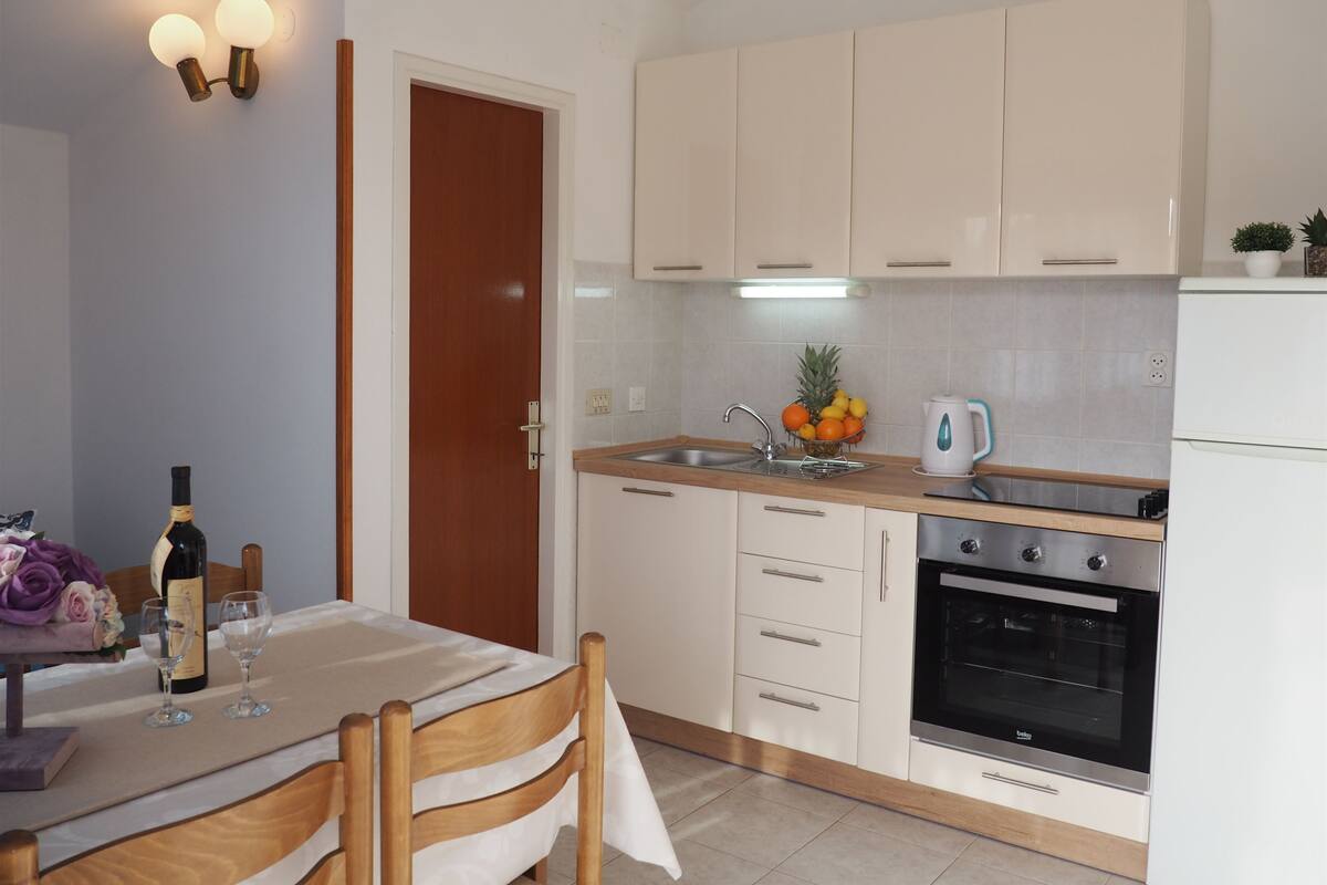 Apartment (A2) | Private kitchen | Fridge, oven, stovetop, electric kettle