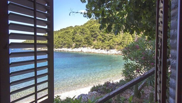 A coastal view through a wooden door with a clear blue sea, a sandy beach, and a lush green hill in the background. - Apartments Zeljko (Jelsa)