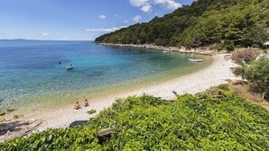 A beach with clear turquoise water, a rocky shoreline, and dense green trees in the background. - Apartments Zeljko (Jelsa)
