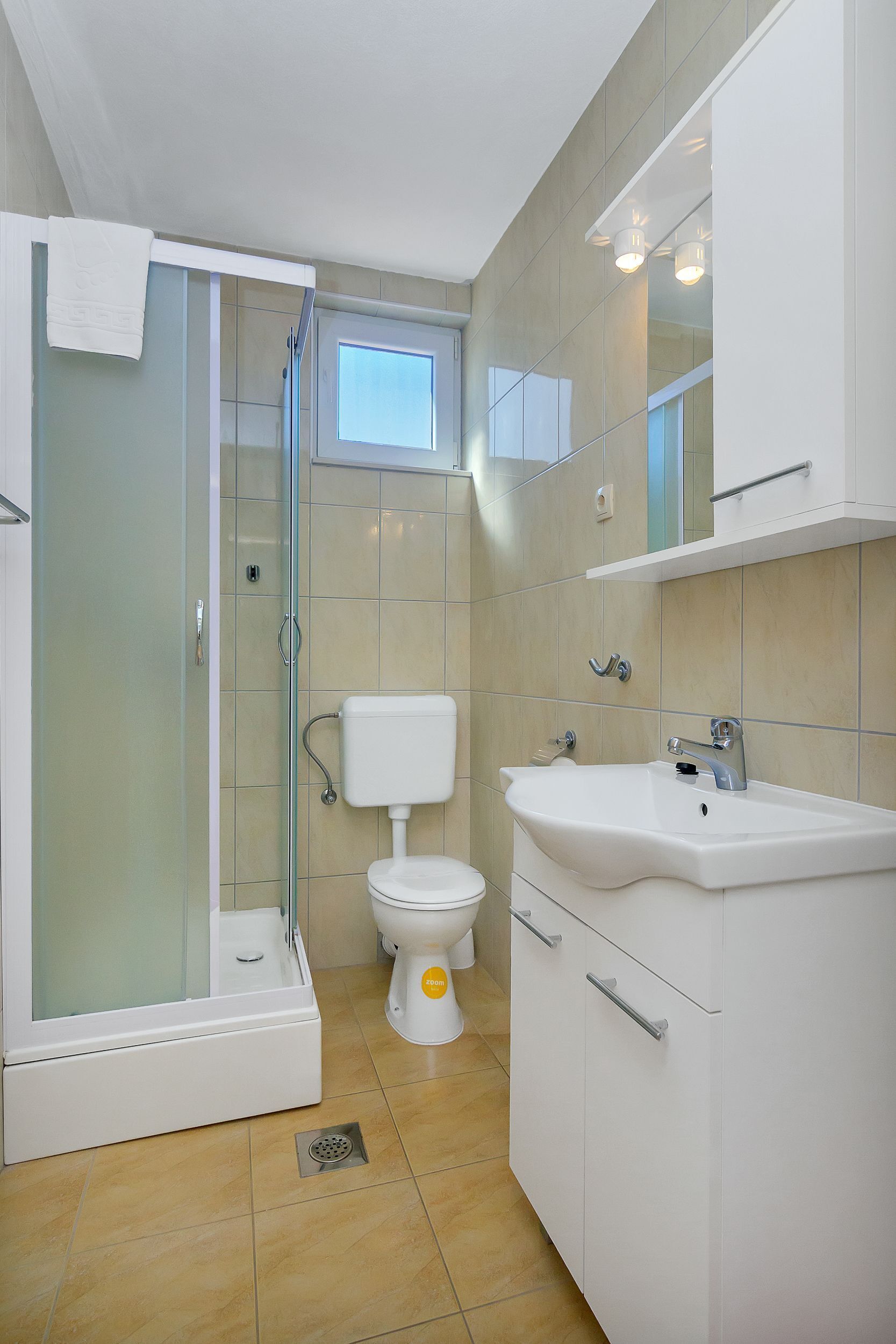 A modern bathroom with a glass-enclosed shower, a white toilet, and a sink with a mirror above it.
