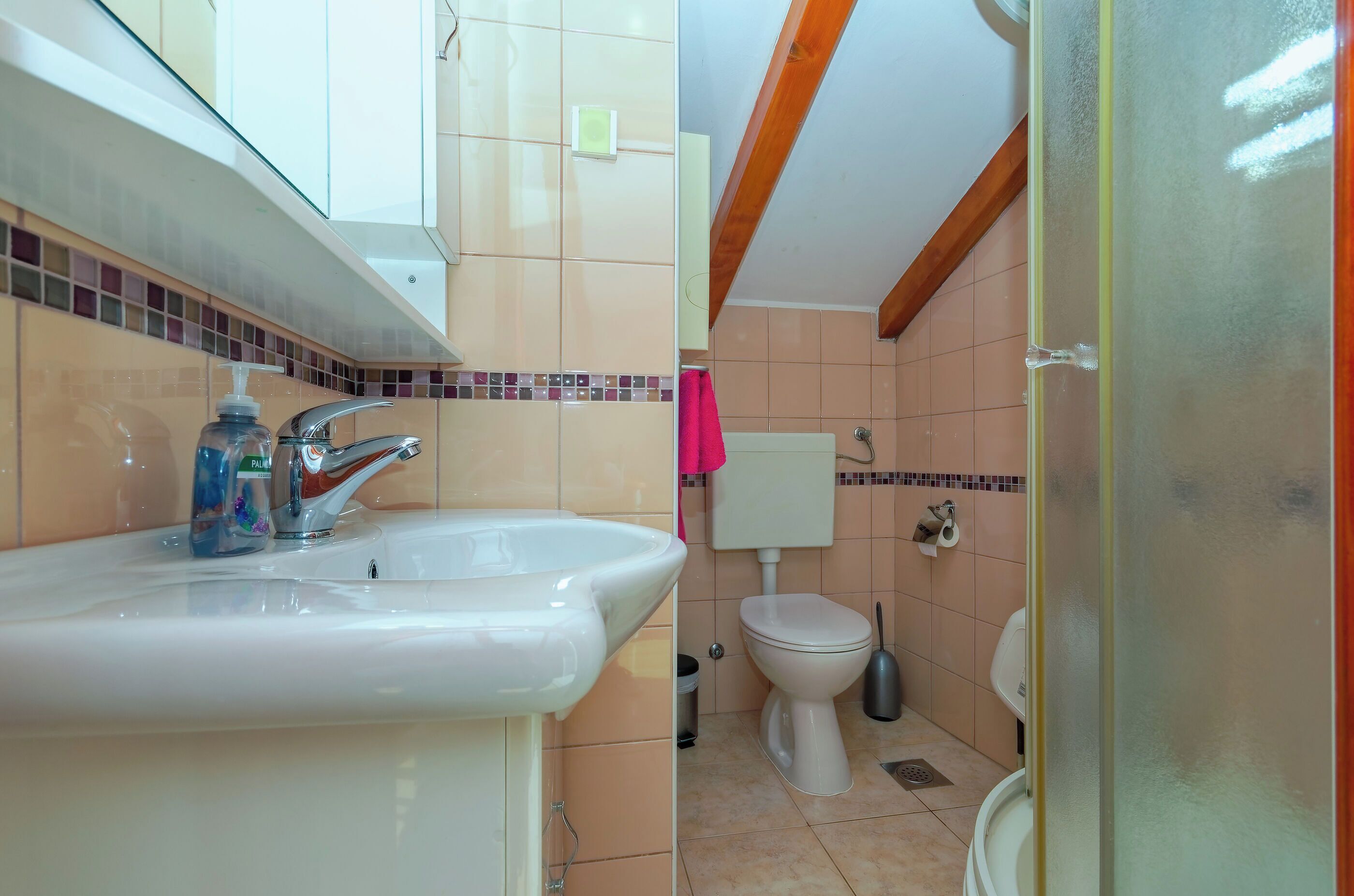 Baño con lavamanos, inodoro y ducha.