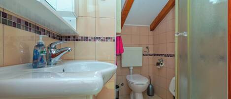 Baño con lavamanos, inodoro y ducha.