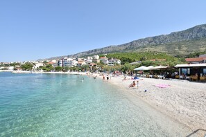 Ein Strand mit klarem Wasser, sandigem Ufer und Gebäuden im Hintergrund.
