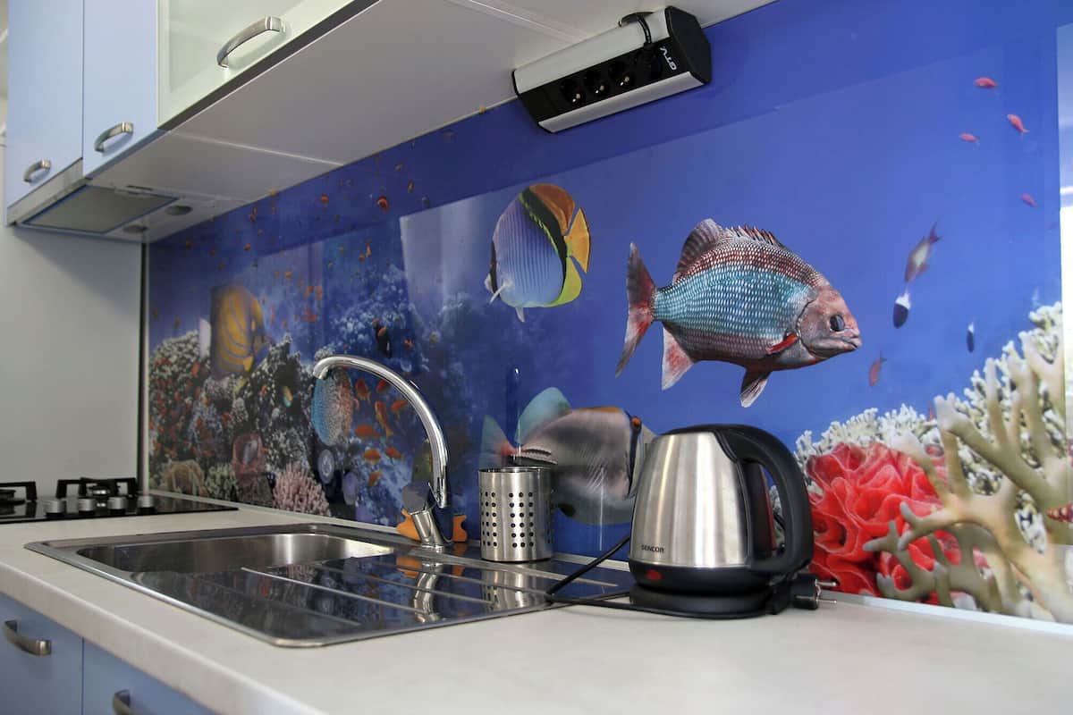Une cuisine dotée d’un évier en acier inoxydable, d’une bouilloire et d’un crédence décorée sur le thème des poissons.
