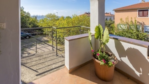 A balcony with a potted plant, a metal railing, and a view of a parking area and greenery. - Apartments Dino (Crikvenica)