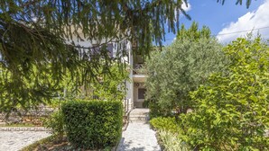 A stone pathway leading to a building with a balcony, surrounded by lush greenery and trees. - Apartment Zeljka (Crikvenica)