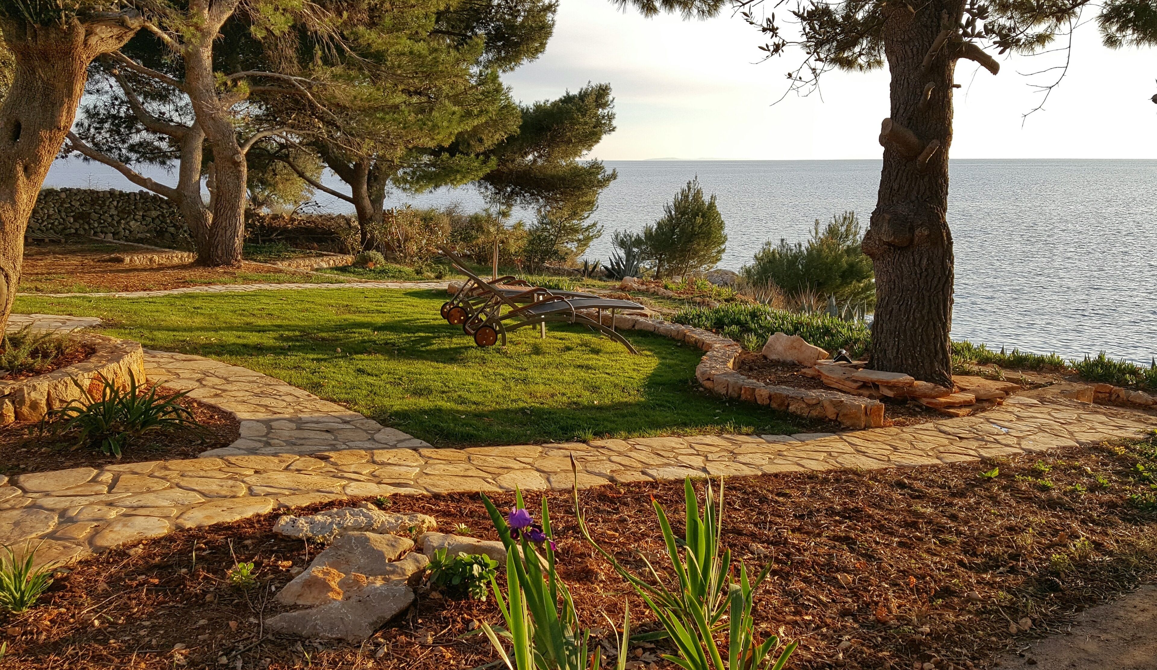 A landscaped garden with a stone pathway, a lawn, and a view of the sea.