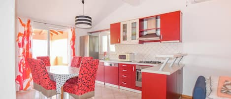 Apartment (A2) | Private kitchen | Fridge, microwave, oven, stovetop