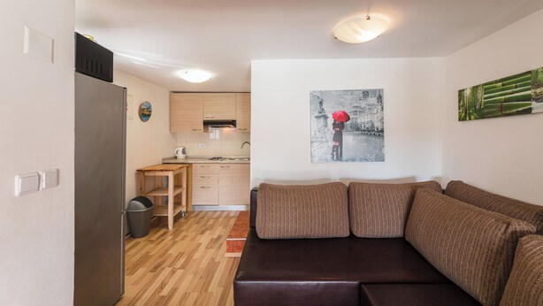A modern living room with a brown sofa, a kitchen in the background, and a wall-mounted artwork. - Apartments Novoselic (Crikvenica)