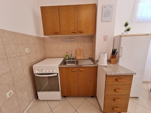 Apartment (A2) | Private kitchen | Fridge, microwave, stovetop, electric kettle - Apartments Vjenceslava (Senj)