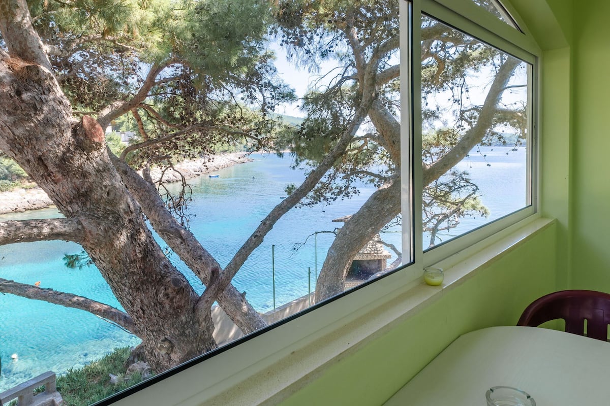 Una stanza con vista su uno specchio d'acqua, un albero e una piccola costruzione.