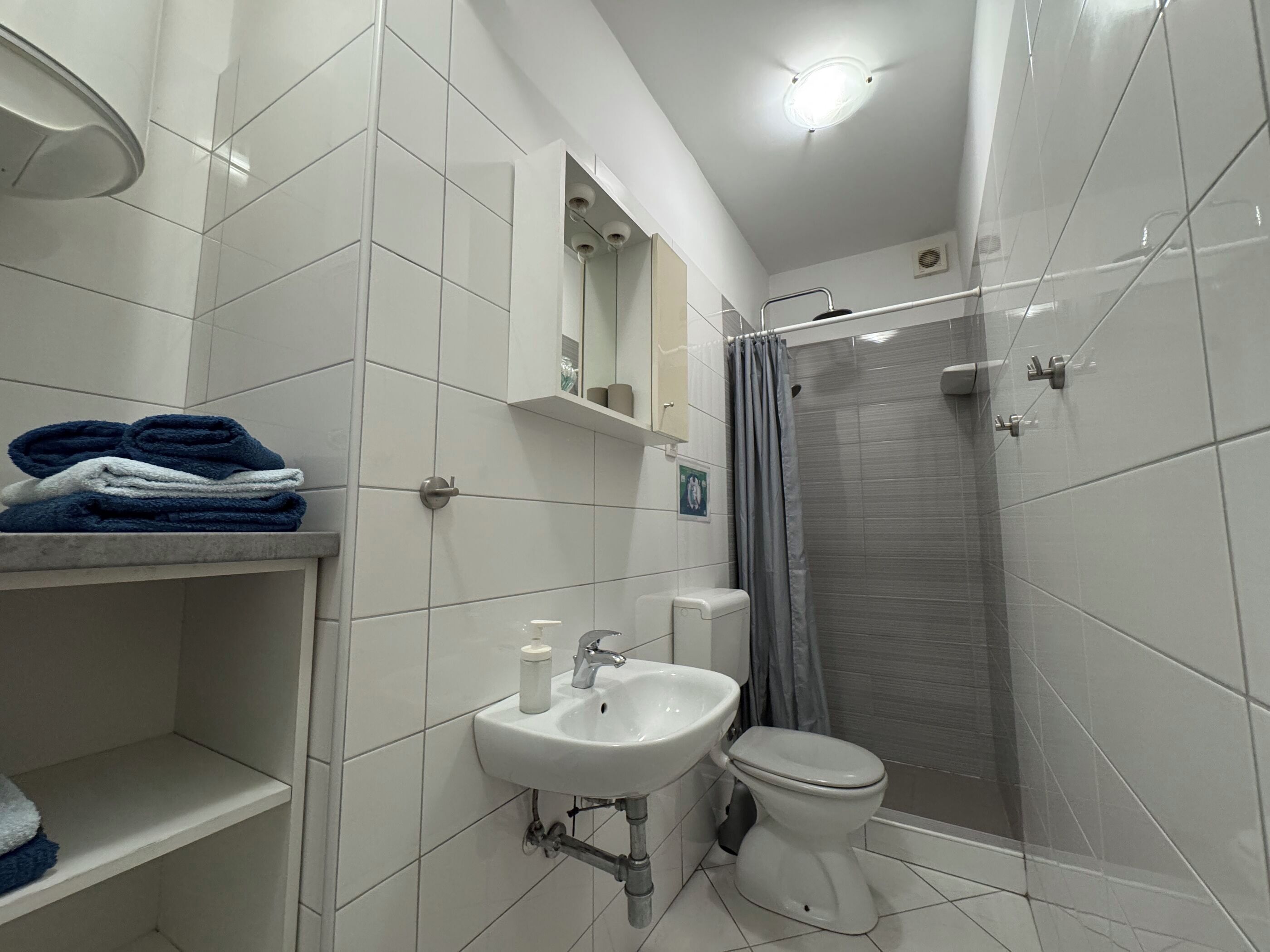 A bathroom with a sink, toilet, and shower.