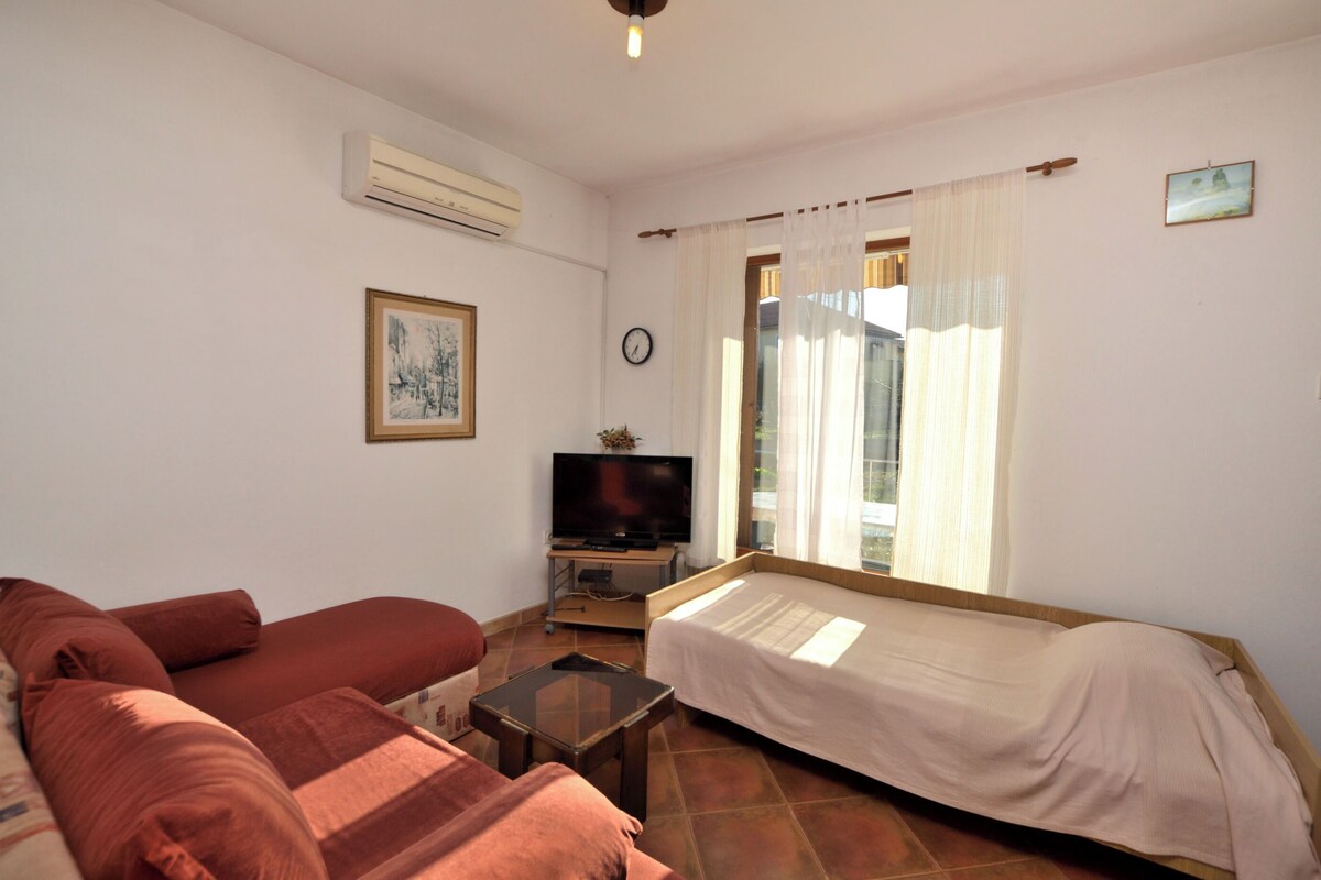 A room with a bed, a sofa, a TV, and a window with curtains.