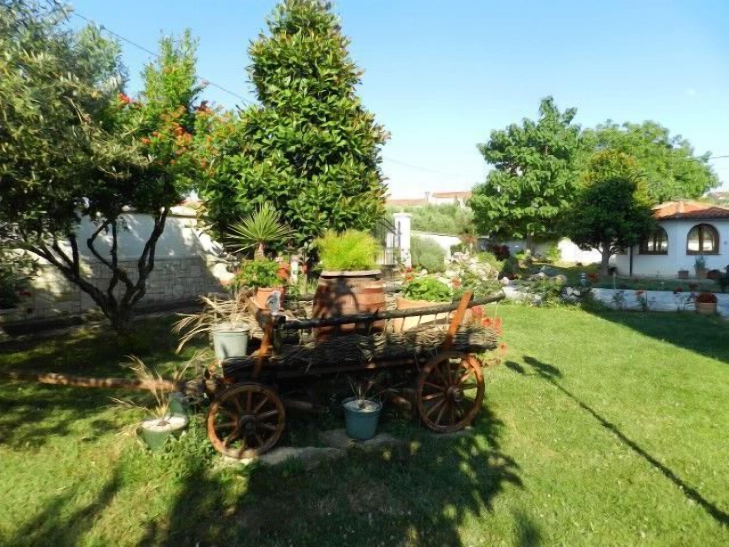 Ein Garten mit einem alten Karren, Topfpflanzen und einem weißen Gebäude im Hintergrund.
