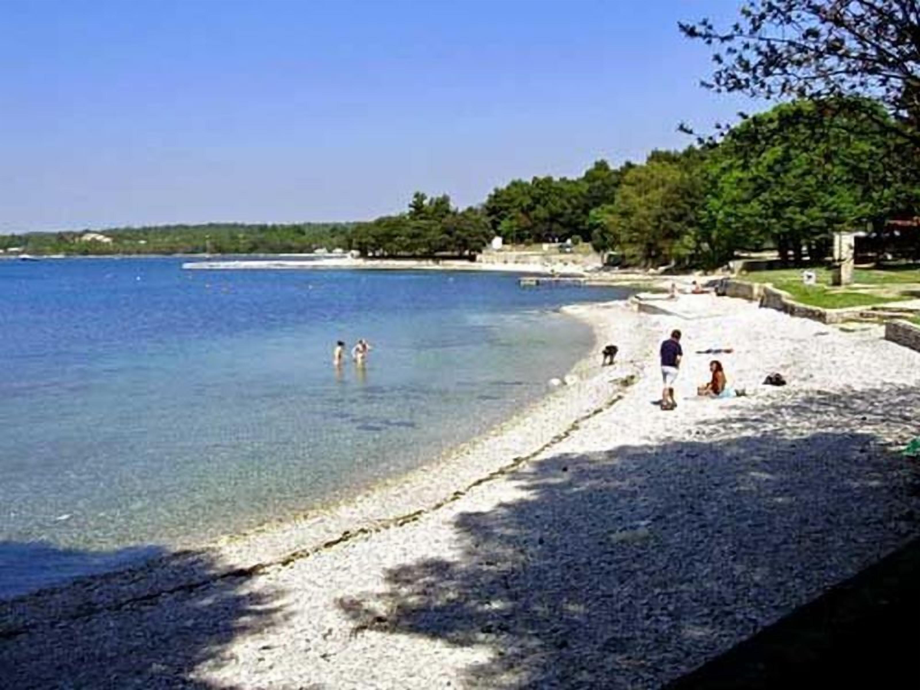 A beach with clear water, people swimming, and a grassy area with trees.
