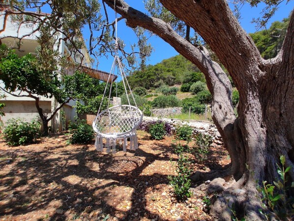 A garden with a hanging swing chair, a large tree, and a stone wall. - Apartment Robinzon Lantana (Jelsa)