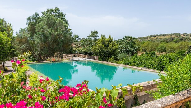 Piscina rodeada por vegetação exuberante e um balaustrada de pedra.