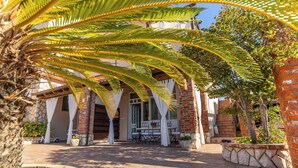 A courtyard with a brick building, white curtains, and a palm tree. - Apartments Vintage (Rab)