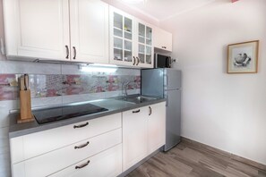 Apartment (A3) | Private kitchen | Fridge, microwave, stovetop, electric kettle - Apartments Vintage (Rab)