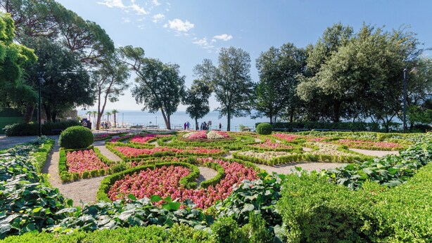 Ein Garten mit verschiedenen Blumenbeeten und Bäumen.