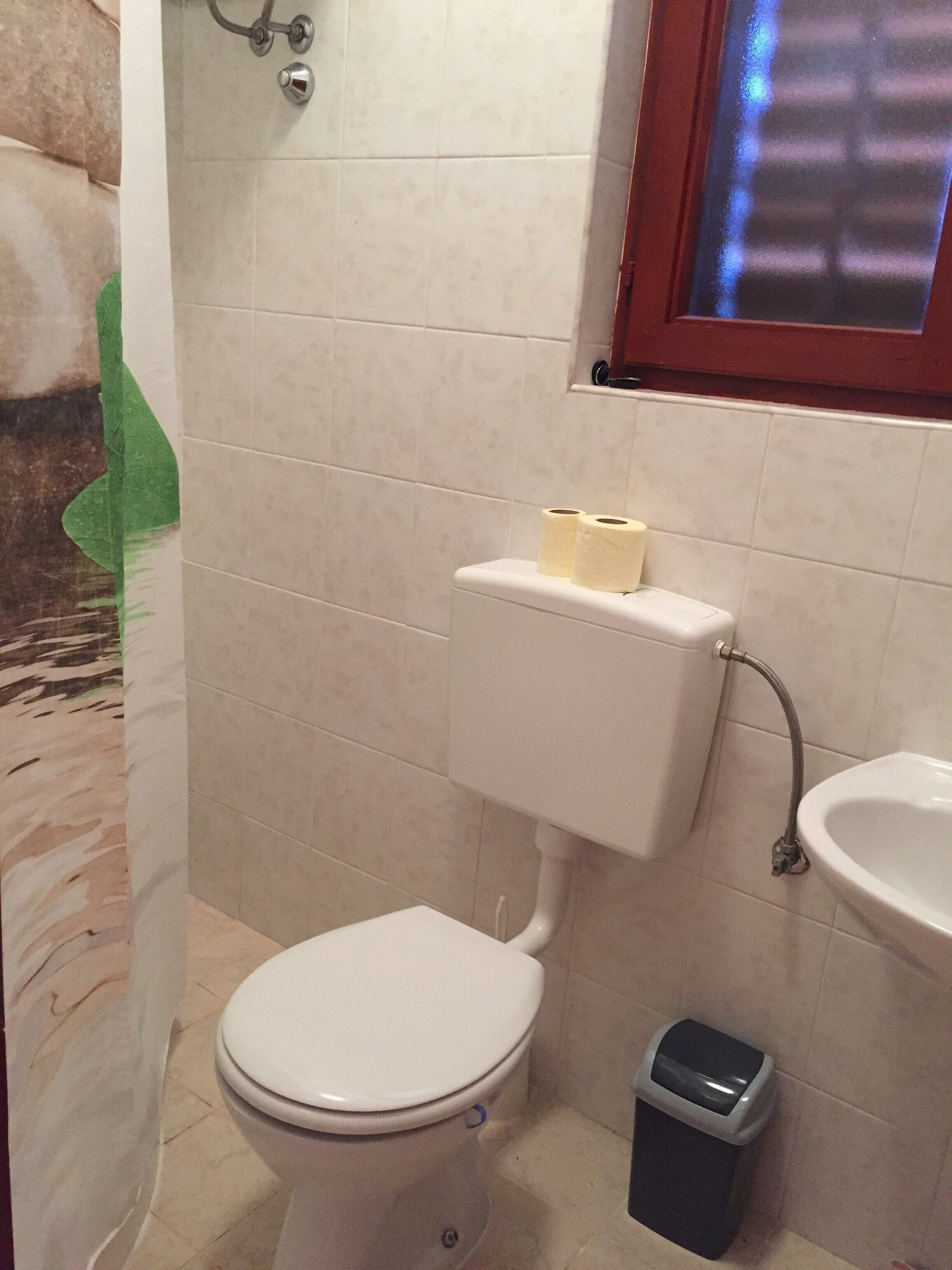 Un baño con inodoro, lavamanos y cubo de basura.