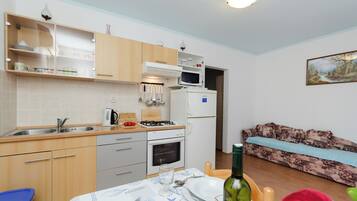 Apartment (A3) | Private kitchen | Fridge, microwave, oven, stovetop