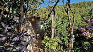 Ein rustikaler Garten mit einer Steinsmauer, einem hölzernen Spalier und verschiedenen Pflanzen.
