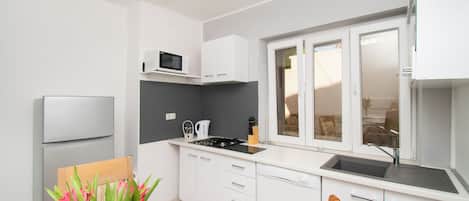 Apartment (A1) | Private kitchen | Fridge, microwave, stovetop, dishwasher