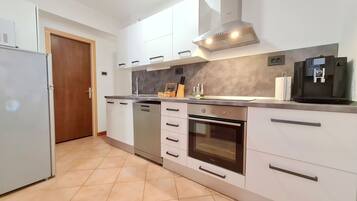 Apartment (A1) | Private kitchen | Fridge, microwave, stovetop, dishwasher