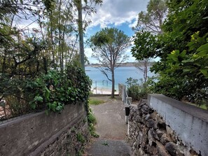 Ein Weg, der zu einem Strand führt, mit einer Steinmauer an einer Seite und einem Stacheldrahtzaun an der anderen, umgeben von viel Grün.