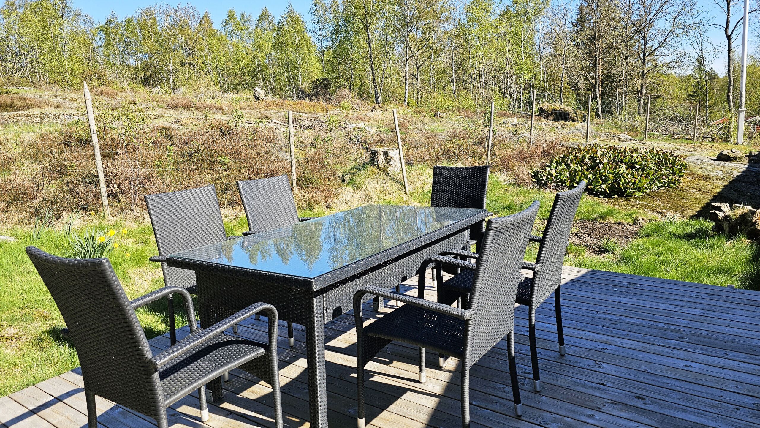 An outdoor dining area with a glass-top table and wicker chairs on a wooden deck.