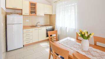 Apartment (A1) | Private kitchen | Fridge, oven, stovetop, electric kettle