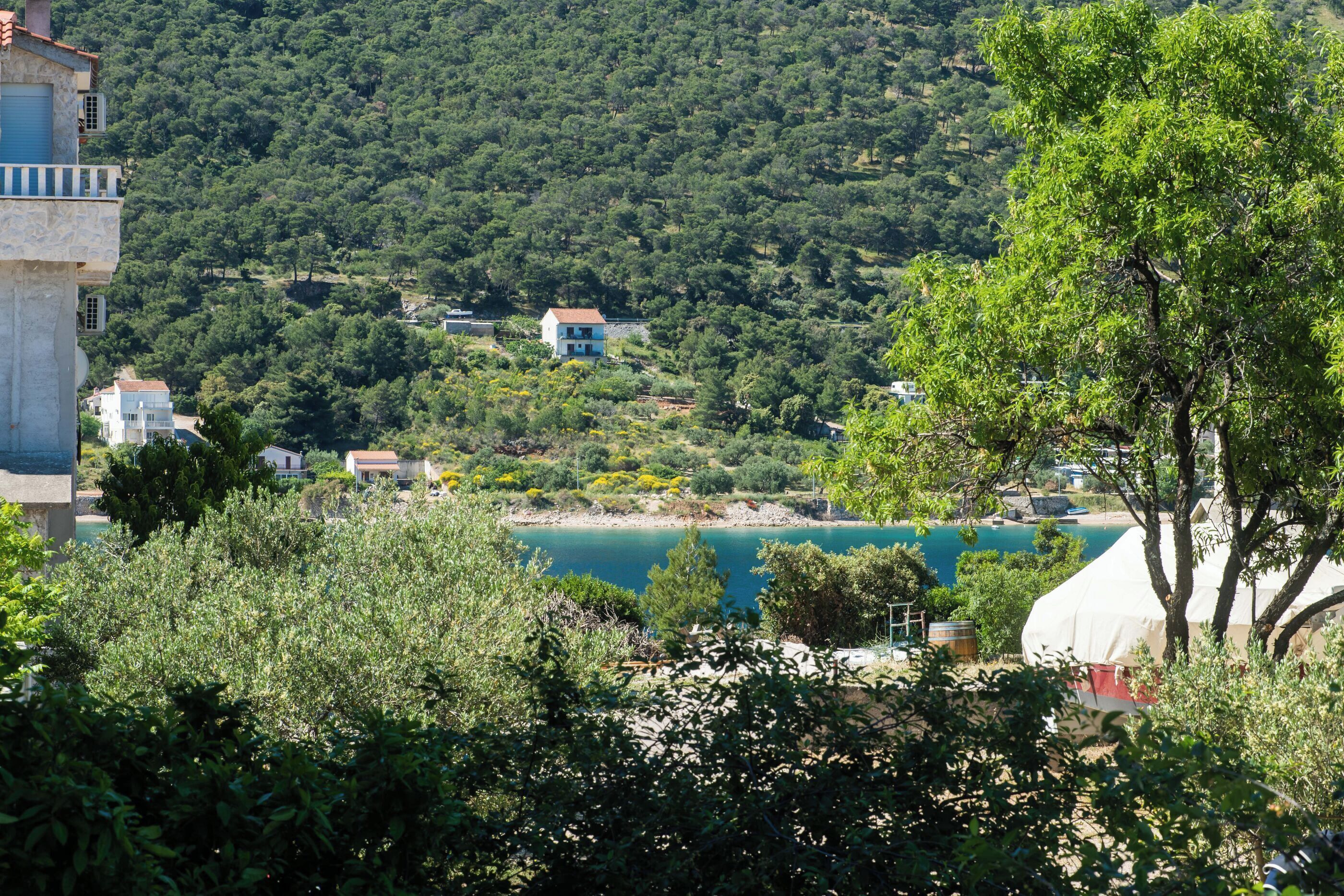 Paesaggio costiero con vista limpida sul mare, circondato da vegetazione rigogliosa e alcuni edifici.
