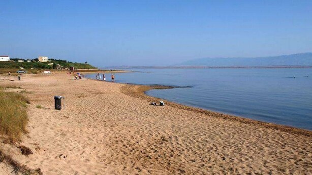 Una spiaggia sabbiosa con alcune persone e un cestino.