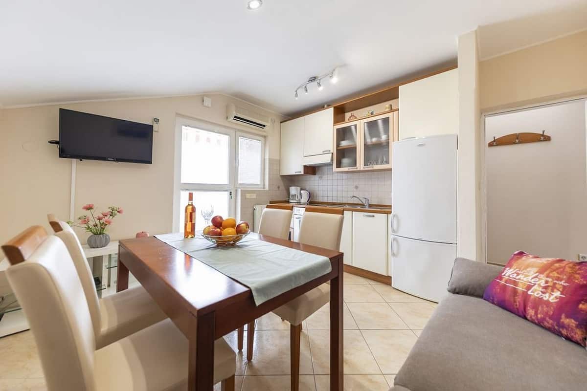 Apartment (A2) | Private kitchen | Fridge, microwave, oven, stovetop