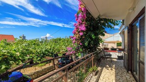 Ein Balkon mit Steinboden, Metallgeländer und Blick auf einen Weinberg.
