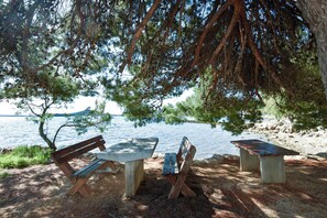 A lakeside picnic area with benches and picnic tables under a large tree. - House Marko (Pasman)