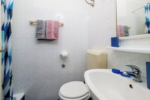 Une salle de bain avec des toilettes blanches, un lavabo avec un miroir et un espace douche.